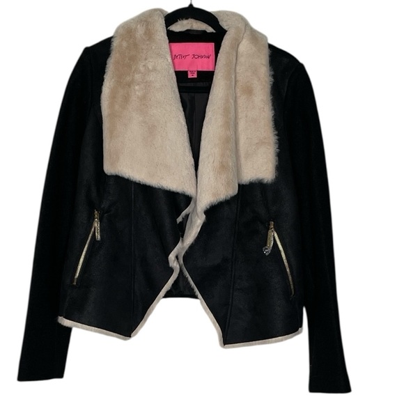 NWT Betsy Johnson Penny Lane Faux Fur Collar Black Jacket Coat - Picture 7 of 11